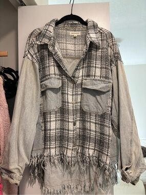 Dance & Marvel Gray Plaid Fringe Shacket with Denim Sleeves